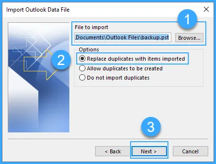 Thiết lập bảng Import Outlook Data File