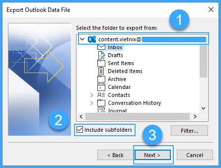 Thiết lập tại bảng Export Outlook Data File