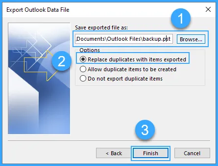 Thiết lập tại bảng Export Outlook Data File