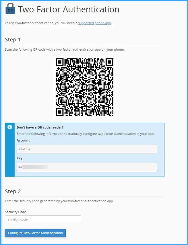 Hướng dẫn bật tính năng xác thực 2 yếu tố (2FA) trên cPanel 20 Giao diện thiết lập xác thực 2 yếu tố trên cPanel
