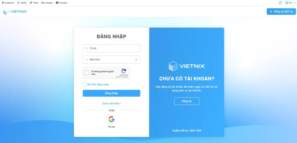 Đăng nhập vào trang quản lý dịch vụ tại Vietnix