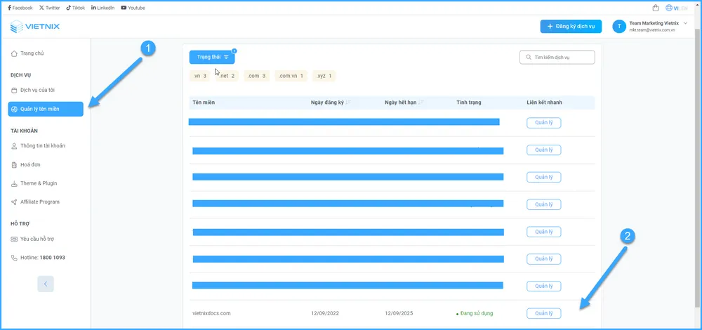 Chọn Quản lý tên miền sau đó chọn quản lý ở tên miền mà muốn trỏ về Email Doanh Nghiệp
