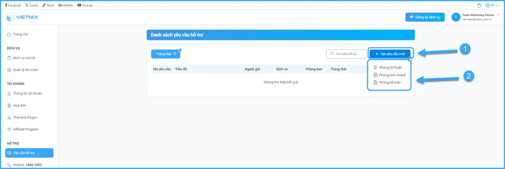 Chọn Tạo yêu cầu mới, chọn phòng ban cần hỗ trợ