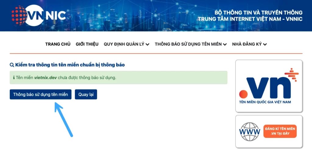 Thông báo sử dụng tên miền