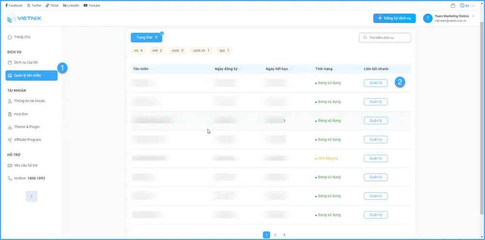 Chọn Quản lý tên miền