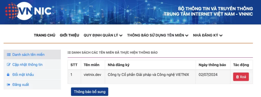 Tên miền đã được thông báo thành công