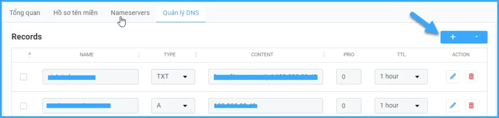 Nhấn vào Dấu + để thêm bản ghi