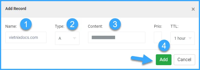Sau khi điền đầy đủ thông tin chọn vào Add để thêm bản ghi