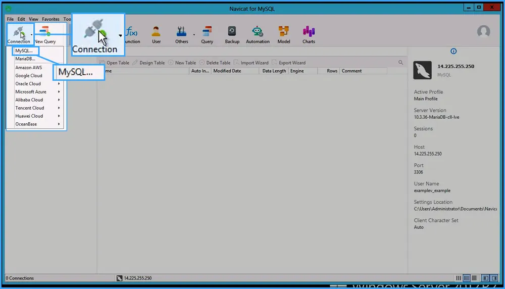 Mở phần mềm Navicat for MySQL