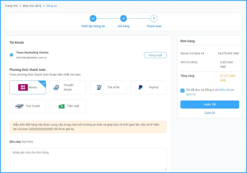 chọn phương thức thanh toán