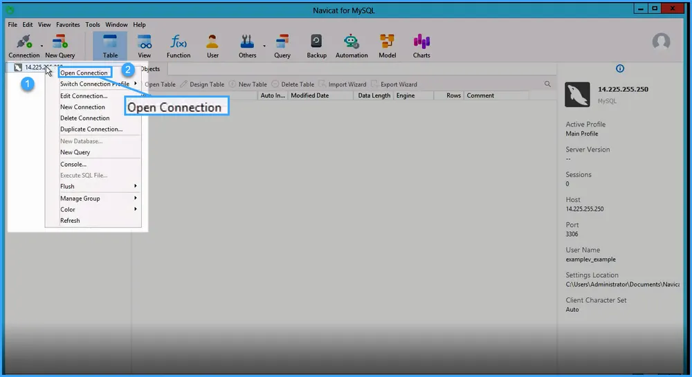 Mở kết nối tới database