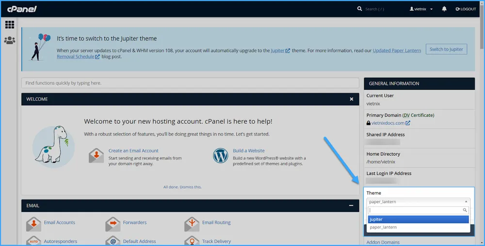 Hướng dẫn sử dụng cPanel với giao diện Jupiter 50 Chuyển đổi từ giao diện Paper Lantern sang Jupiter