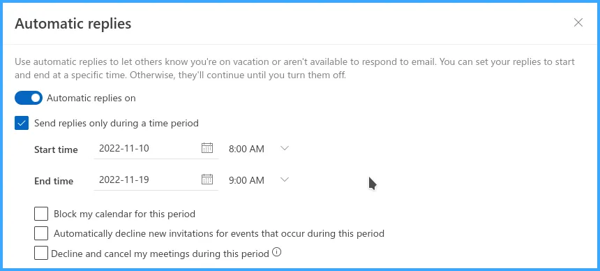 Thiết lập thời gian trả lời tự động
