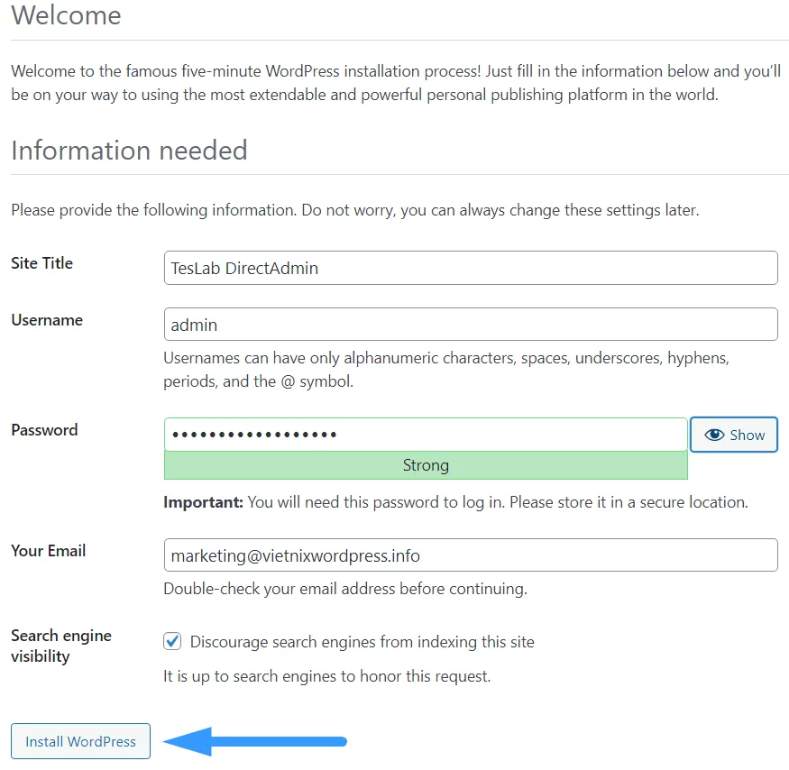 cài đặt WordPress trên DirectAdmin