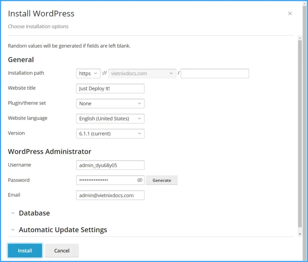 Hướng dẫn sử dụng cPanel với giao diện Jupiter 79 Nhập thông tin cài đặt WordPress