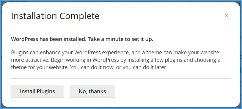 Hướng dẫn sử dụng cPanel với giao diện Jupiter 80 Thông báo cài đặt WordPress thành công