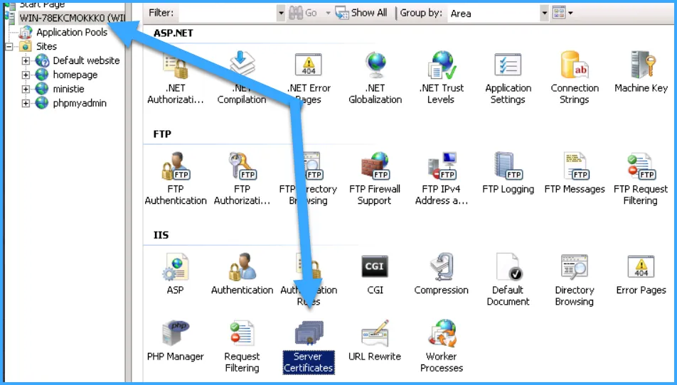 Vào Tên Computer> IIS > Server Certificates