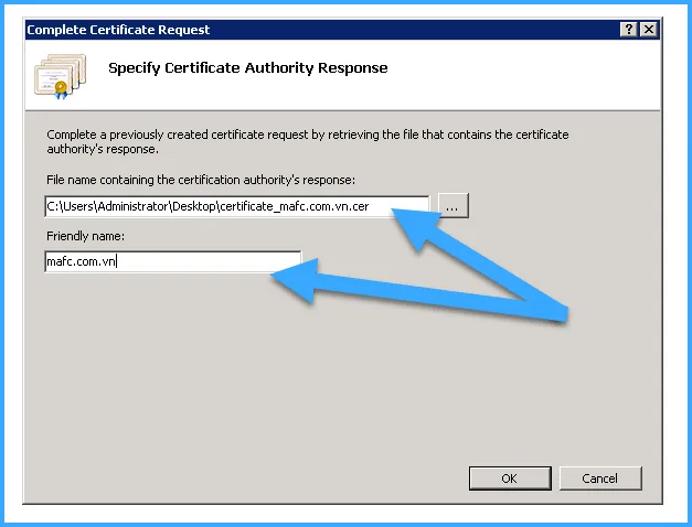 Chọn đường dẫn đến chứng chỉ và điền domain tương ứng