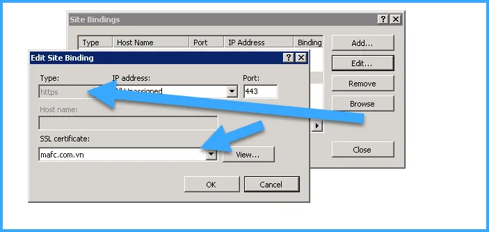 Chọn Add, sau đó điền Type là https, chọn tên chứng chỉ vừa thêm vào SSL Certificate