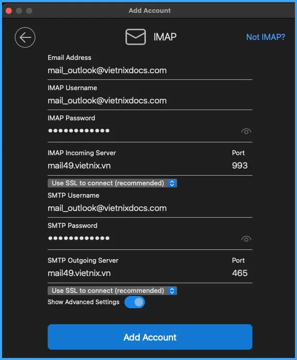 Nhập thông tin và nhấn Add Account
