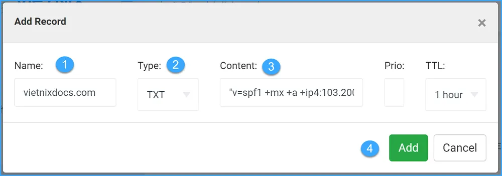 Điền các giá trị để add record SPF