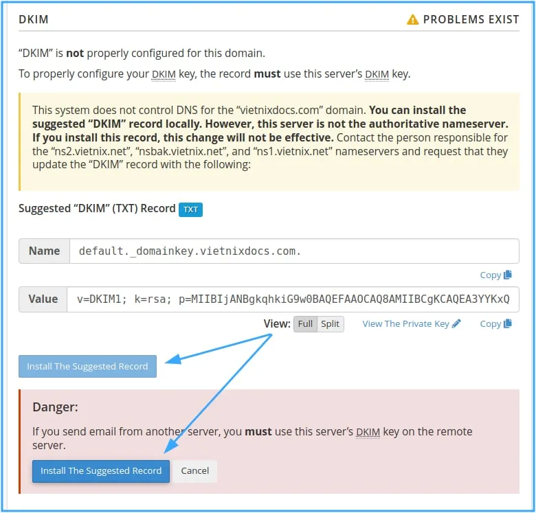 Nhấn Install The Suggested Record để tự động cấu hình DKIM