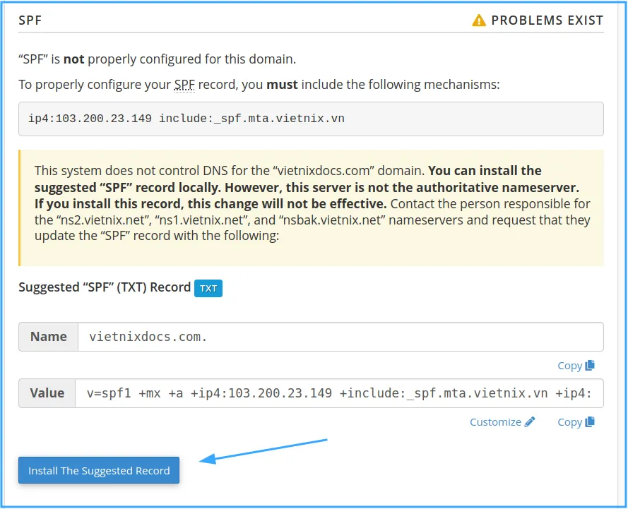 Nhấn Install The Suggested Record để tự động cấu hình SPF