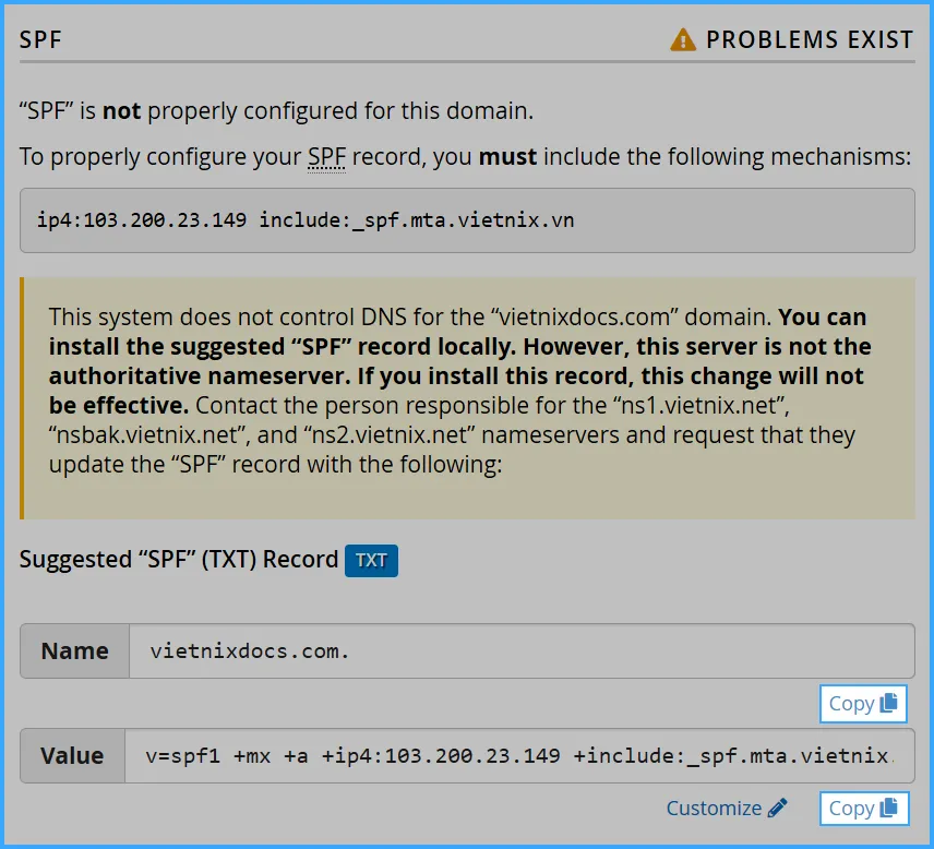 Copy các giá trị Name, Value của SPF