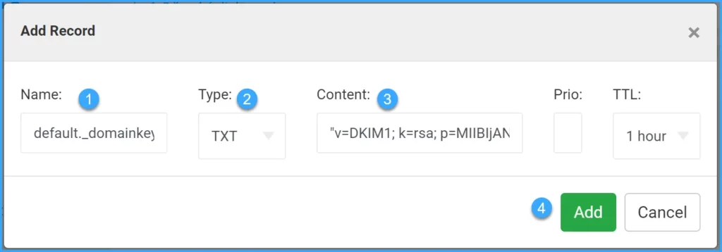 Điền các giá trị để add record DKIM