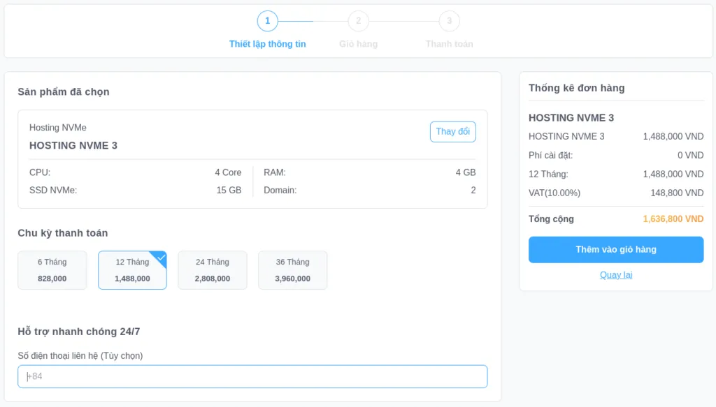 Chọn chu kỳ mà bạn muốn thanh toán sau đó chọn Thêm vào giỏ hàng