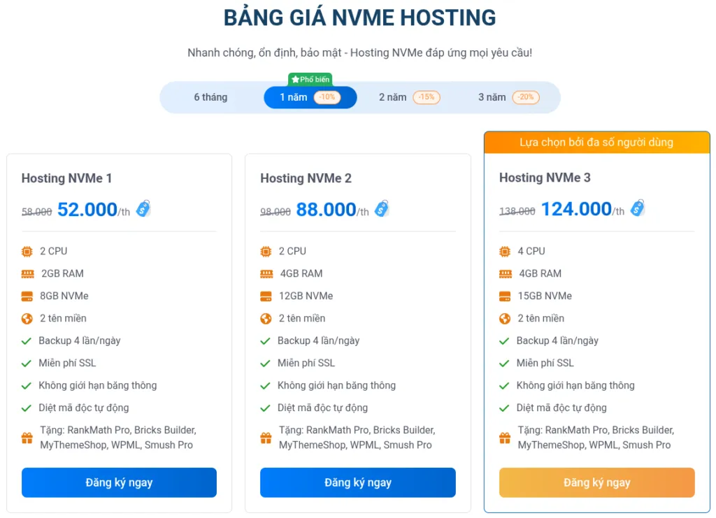 Chọn gói Hosting mà bạn muốn đăng ký