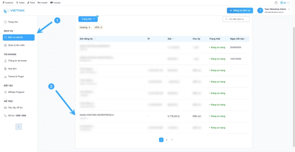 Chọn gói hosting từ mục Dịch vụ của tôi