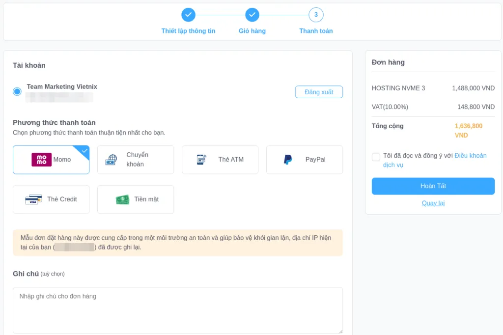 Chọn tài khoản, phương thức thanh toán