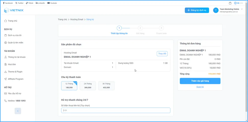Chọn chu kỳ thanh toán và thêm vào giỏ hàng