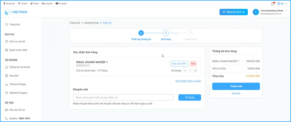 Nhập mã khuyến mãi và nhấn Thanh toán