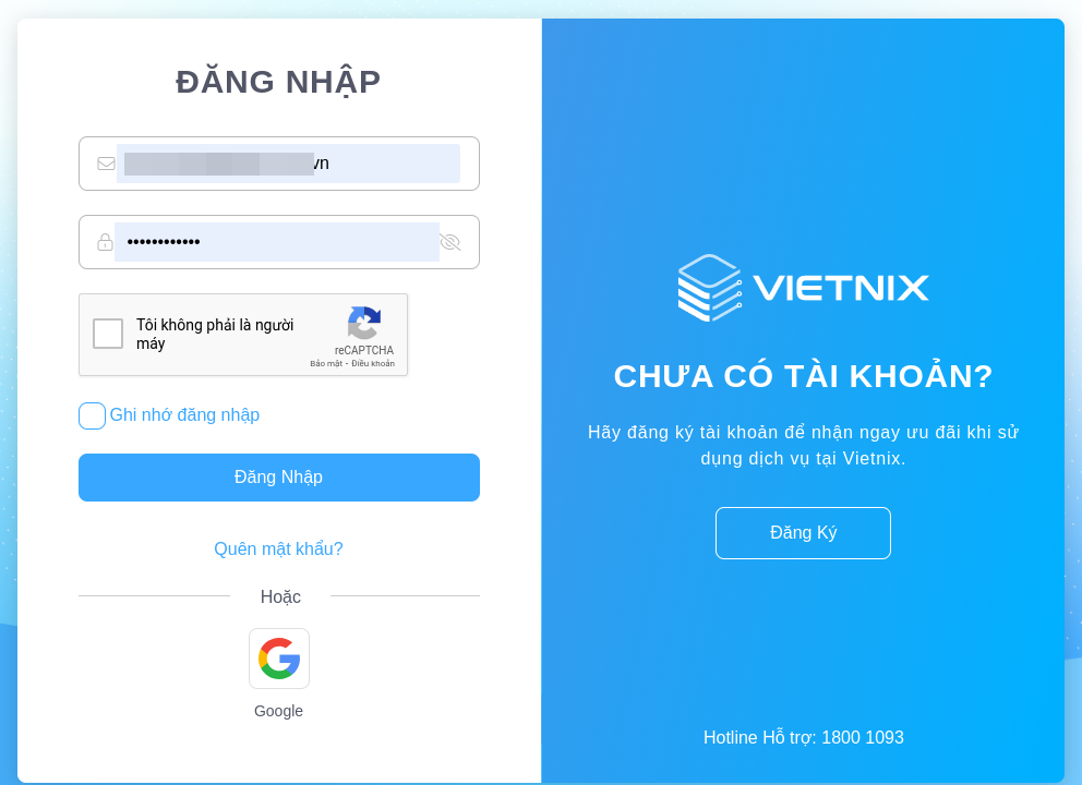 Đăng nhập vào trang quản lý khách hàng vietnix