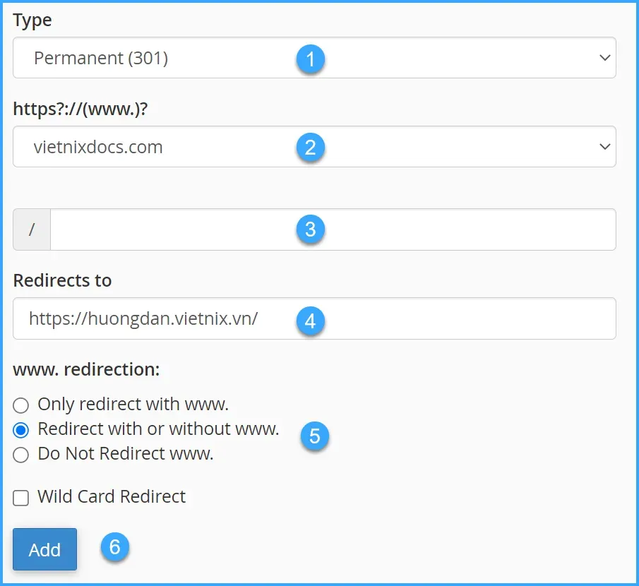 Hướng dẫn 3 bước sử dụng tính năng Redirect trên cPanel 14 Tại phần Add Redirect, bạn điền đầy đủ các thông tin