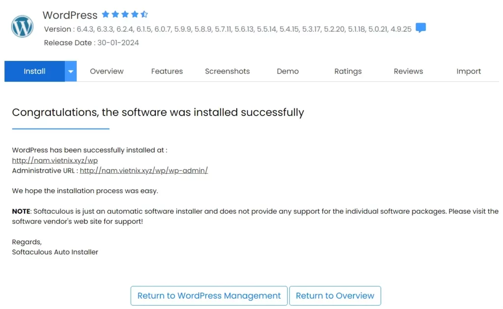 Giao diện khi cài đặt thành công