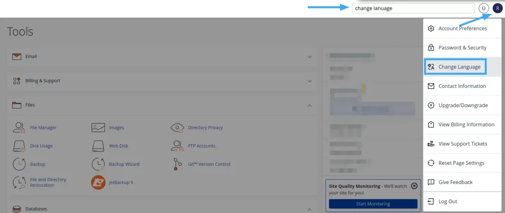 Hướng dẫn 2 bước thay đổi ngôn ngữ trên cPanel đơn giản 10 Bạn gõ Change Language trên thanh tìm kiếm