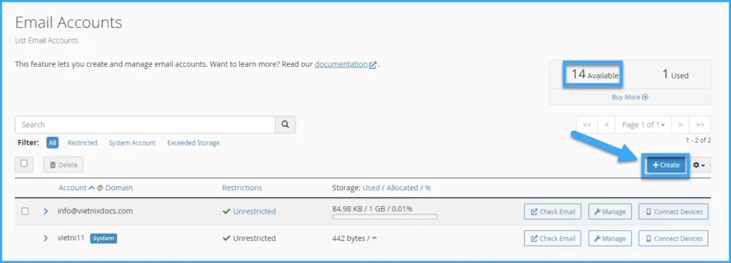 Nhấn vào nút Create để tạo thêm Email Accounts mới