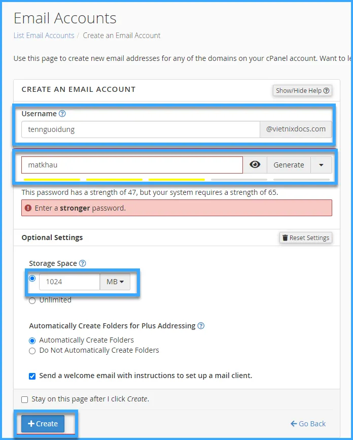 Điền các thông tin sau đó chọn Create