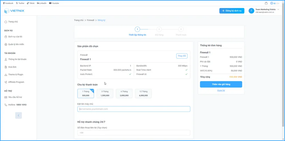 Điền chu kỳ thanh toán và đặt tên máy chủ sau đó nhấn Thêm vào giỏ hàng