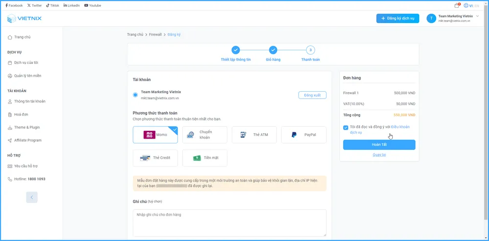 Chọn tài khoản và phương thức thành toán sau đó chọn Hoàn tất