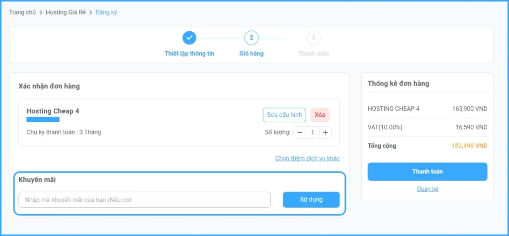 Nhập mã code được in trên voucher vào ô Khuyến mãi