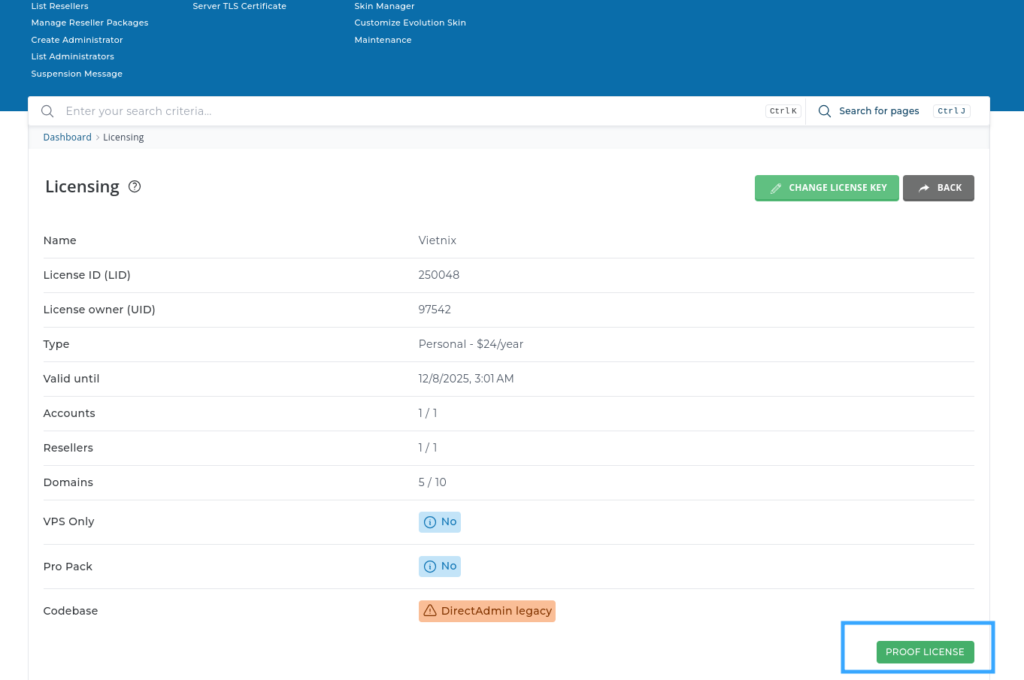 Cách update License DirectAdmin