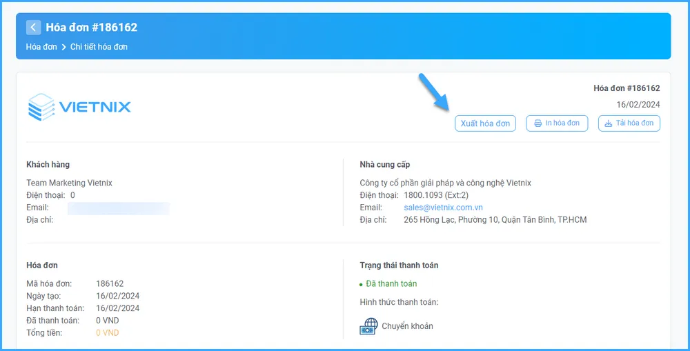 Chọn Xuất hóa đơn