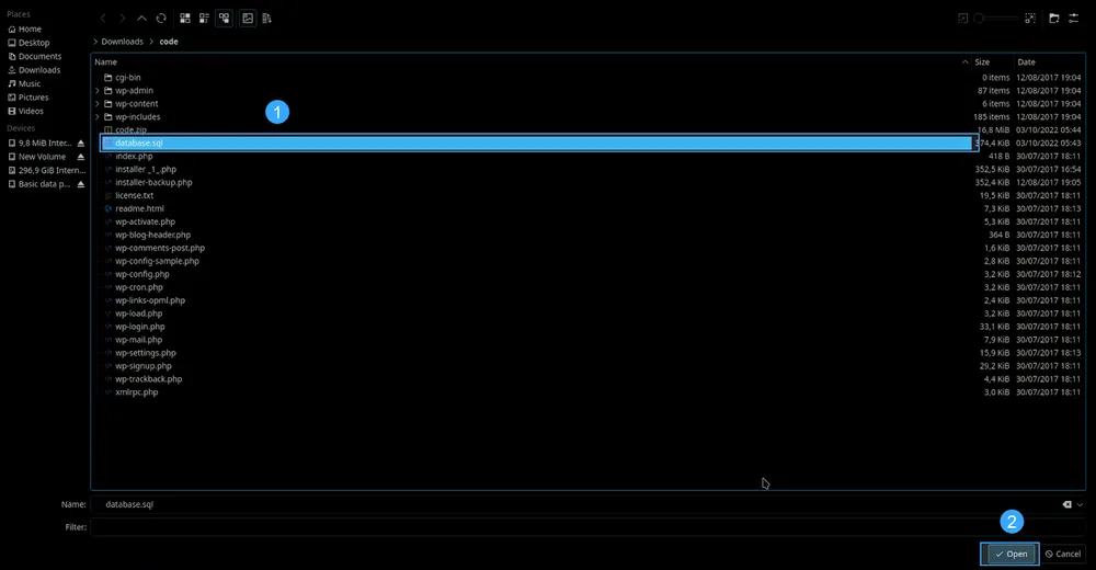 Hướng dẫn import database trên hosting cPanel đơn giản 31 Chọn file và nhấn Open