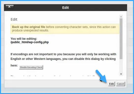 Hướng dẫn import database trên hosting cPanel đơn giản 27 Chọn Edit để chỉnh sửa file cấu hình