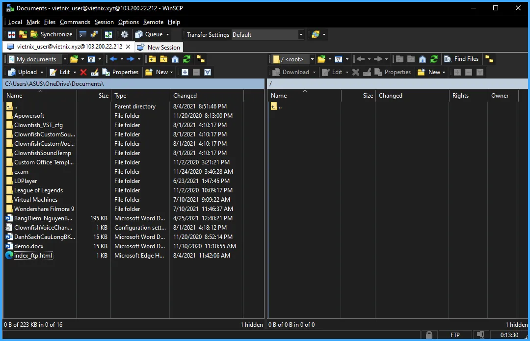 Giao diện phân chia 2 không gian giữa máy tính của bạn và hosting