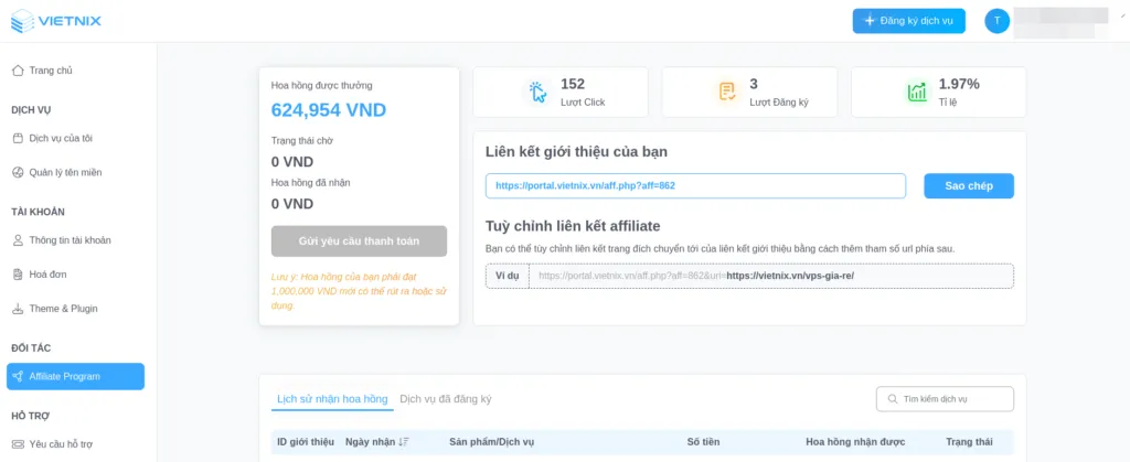 Khu vực quản lý tài khoản Affiliate